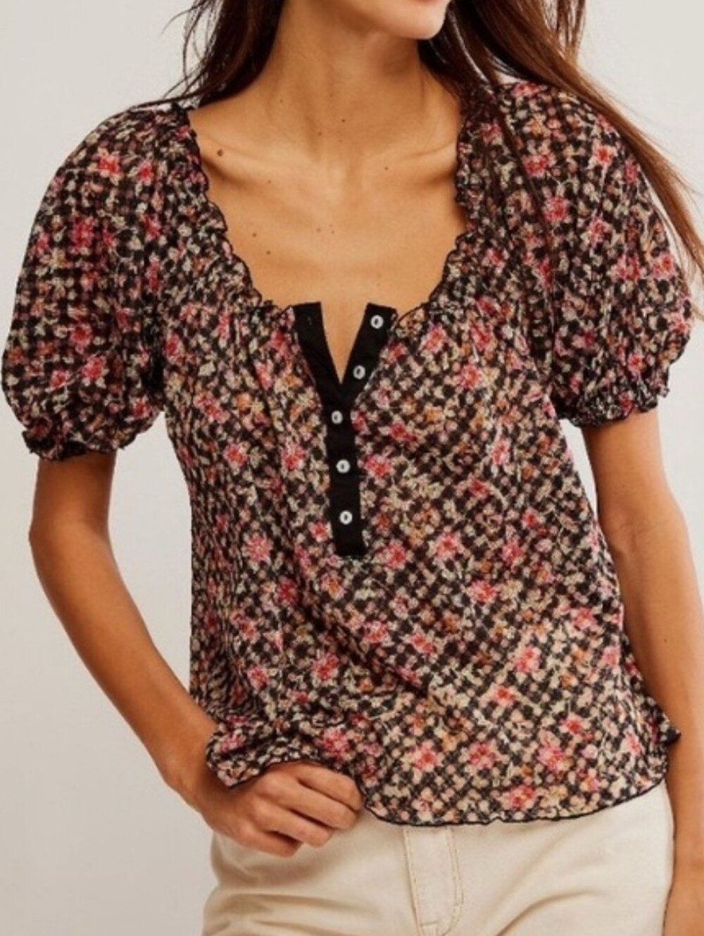 NEW Free People Peasant Top Stretch Flowy Puff Short Sleeve Fits M-L - Picture 2 of 15